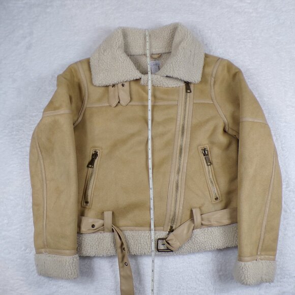 West of Melrose Full Zip Tan Shearling Jacket with Belt Faux Suede Size XS - Picture 11 of 12